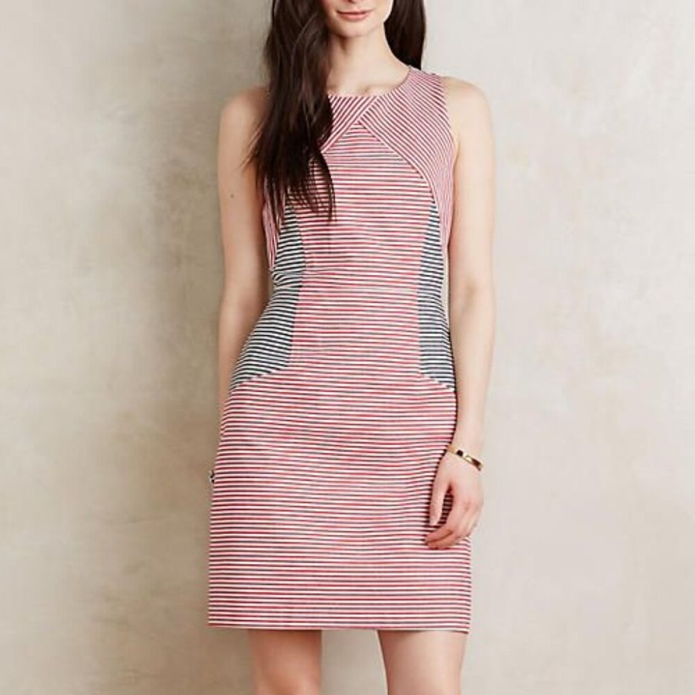 ANTHROPOLOGIE Skipper Dress Striped Sleeveless Sheath Red White Black w/Pockets